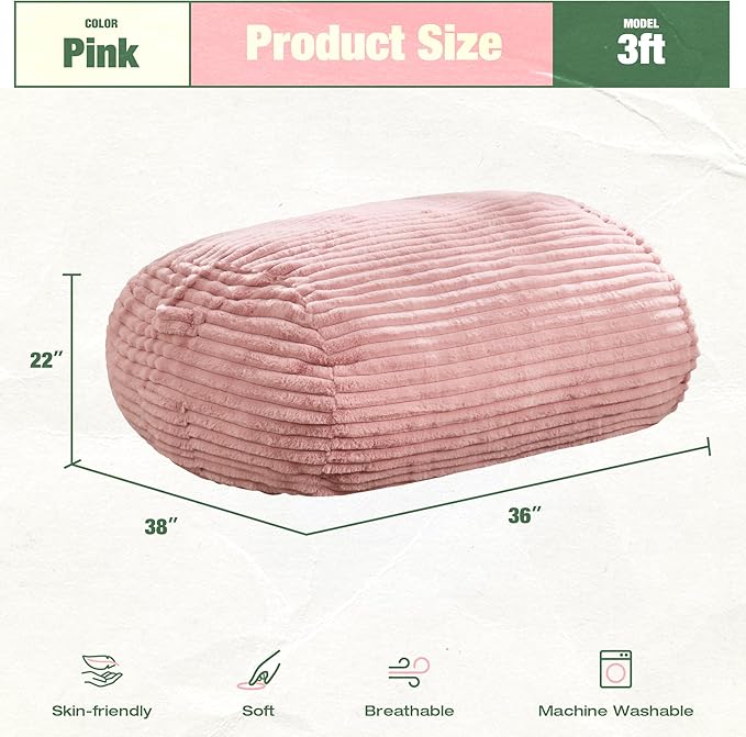 Hobestluk 3FT Bean Bag Chairs Adult Bean Bag with Portable Handle Comfy Large Bean Bag Chair with Removable Cover for Living Room Bedroom or Reading Nook (Stripe Pink, 3FT)-BubblyBeeBaby