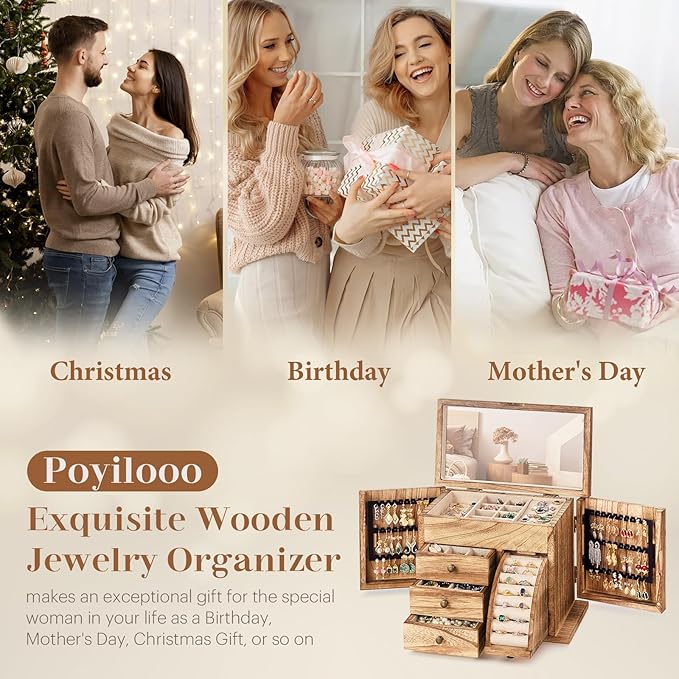 Jewelry Box Organizer, Solid Wood Jewelry Boxes fow Women with Mirror, Double Layer Jewelry Organizer Box Display Earring Necklace Bracelet Ring, Rustic Style Small Jewelry Box for Girls-BubblyBeeBaby