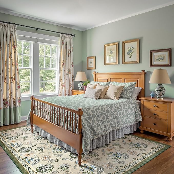 jinchan 8x10 Floral Rug for Living Room Washable Bedroom Rug Vintage Romance Design Non Slip Thin Indoor Floor Cover Large Low-Profile Throw Carpet for Dining Room Office, Green/Beige-BubblyBeeBaby