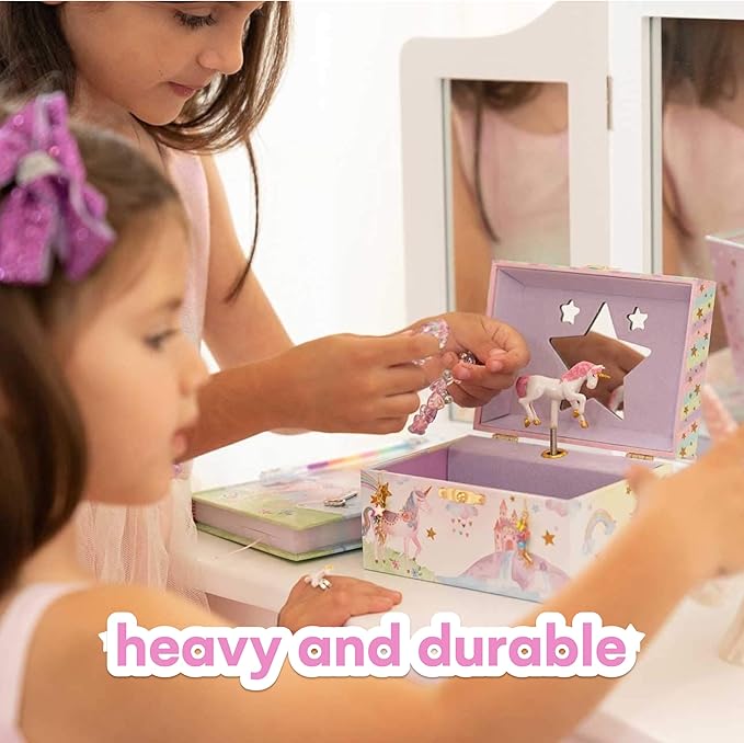 Jewelkeeper Musical Jewelry Box for Girls with Spinning Unicorn, Glitter Rainbow and Stars Design Music Box for Necklace, Earrings, and Accessories, Plays The Beautiful Dreamer Tune-BubblyBeeBaby