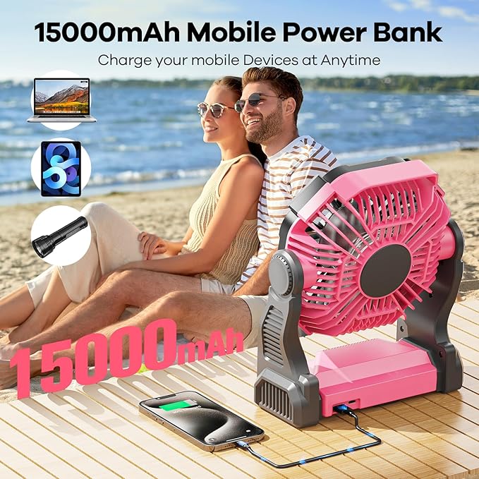 15000mAh Portable Battery Powered Camping Fan - with LED Light, Quiet Battery Operated, Camping Gear for Travel, Tent, Beach, Car or Hurricane Power Outages, Pink-BubblyBeeBaby
