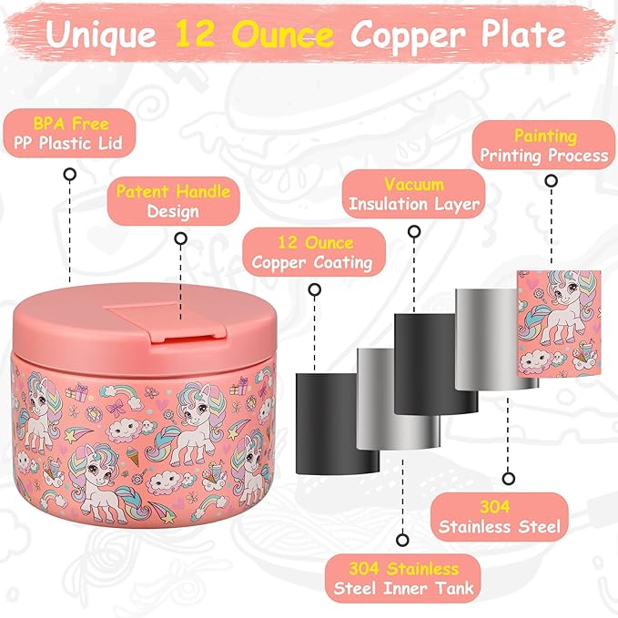 12oz Insulated Vacuum Food Jar with Buckle Lid Wide Mouth Soup Thermo for Hot Food Kids Leakproof Stainless Steel Lunch Container (Pink-Horse)-BubblyBeeBaby
