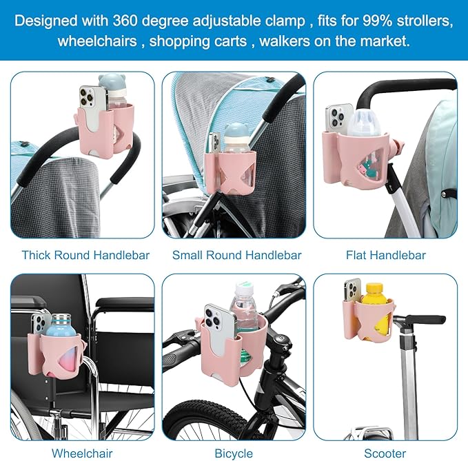 Accmor Universal Cup Holder, Stroller Cup Holder with Phone Holder, 360° Rotatable Large Caliber Designed Bottle Holder for Stroller, Bike, Wheelchair, Walker, Scooter-BubblyBeeBaby