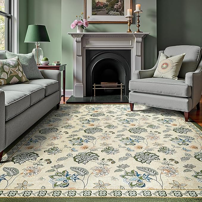 jinchan 8x10 Floral Rug for Living Room Washable Bedroom Rug Vintage Romance Design Non Slip Thin Indoor Floor Cover Large Low-Profile Throw Carpet for Dining Room Office, Green/Beige-BubblyBeeBaby