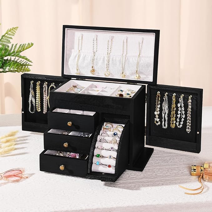 Jewelry Box Organizer, Solid Wood Jewelry Boxes for Women, Double Layer Jewelry Organizer Box Display Earring Necklace Bracelet Ring, Rustic Style Small Jewelry Box for Girls (Black)-BubblyBeeBaby