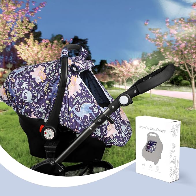 Pea Pod Car Seat Cover Baby, Infant Car Seat Canopy Covers for Newborn with 2 Layers Windows of Breathable Mesh Fabric, Lightweight Polyester/Soft Minky Dot Backing (Dinosaur)-BubblyBeeBaby