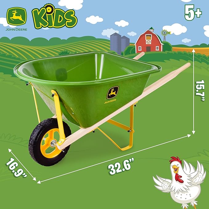 John Deere Deluxe 34" Wheelbarrow and Garden Set Includes 5 Realistic Gardening Tools,Gardening Apron, Gardening Gloves, Large Metal Wheelbarrow with Wooden Handles, Outdoor Toy Ages 5+-BubblyBeeBaby