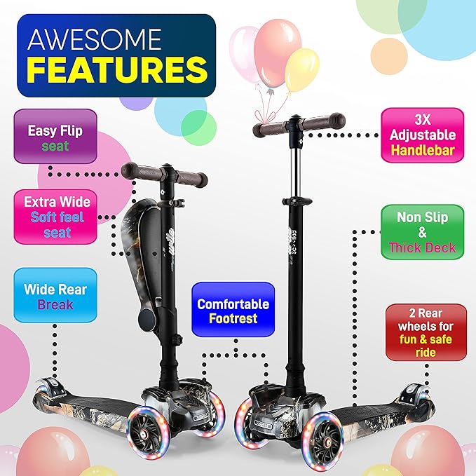 Hurtle 3-Wheeled Scooter for Kids - Wheel LED Lights, Adjustable Lean-to-Steer Handlebar, and Foldable Seat - Sit or Stand Ride with Brake for Boys and Girls Ages 1-14 Years Old-BubblyBeeBaby