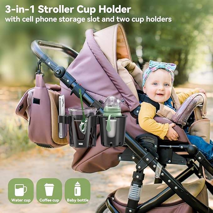 KDD Stroller Cup Holder with Phone Holder, 3-in-1 Removable Bottle Holder, 360 Degrees Rotation Drink Holder for Wheelchair, Stroller, Bike, Walker, Scooter, Bicycle, Uppababy, Bugaboo, Britax-BubblyBeeBaby