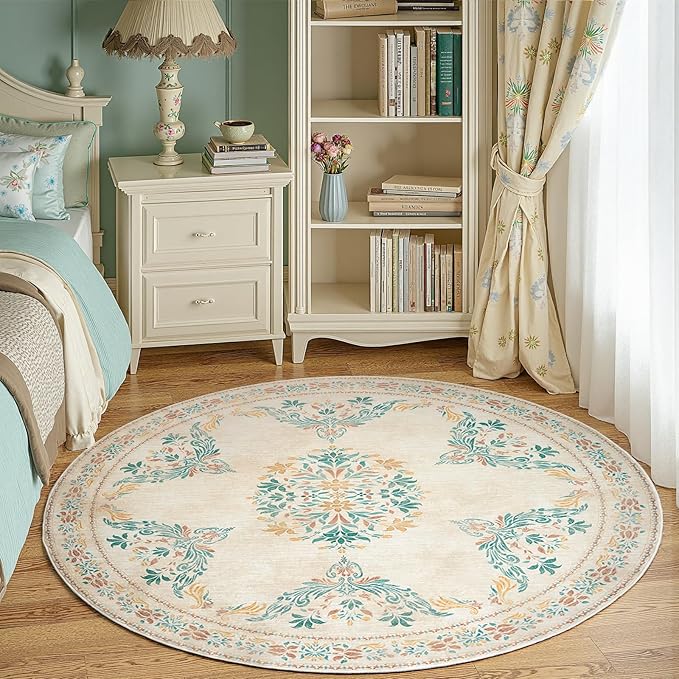 jinchan Round Rug 5ft Area Rugs Vintage Floral Distressed Design,Machine Washable Soft Non-Slip Low-Pile Ultra-Thin Circle Rug for Entryway Living Room Dining Room Bedroom (5' Round,Apricot Multi)-BubblyBeeBaby