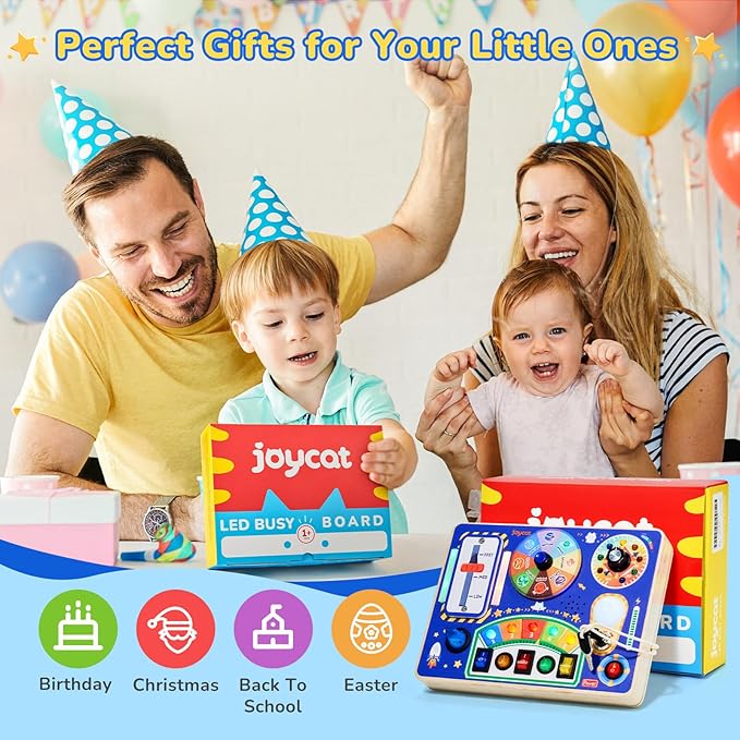 JoyCat Busy Board with Led Light, Toddler Toys for 1 2 3 4 Year Old Boys and Girls, Wooden Sensory Toys with Music, Travel Toy for Toddlers 1-3, Birthday Presents (Blue)-BubblyBeeBaby