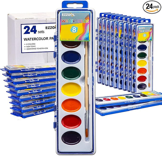 24 Count Watercolor Paints, 8 Colors, Washable, Non-Toxic, Perfect for Kids 3+-BubblyBeeBaby