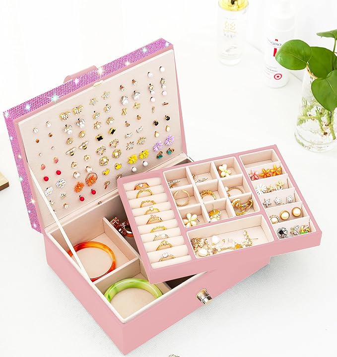 Jewelry Box for Earrings for Girls Jewelry Organizer Box Earring Holder Organizer for Girls Earring Box Jewelry Box Stud Earring Organizer for Girls Earring Jewelry Boxes for Women Pink Bling-BubblyBeeBaby