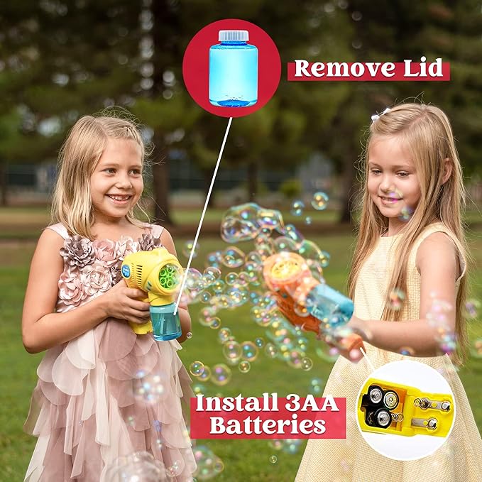 JOYIN 2 Bubble Guns with 2 Refill Solution (10 oz Total), Bubbles Maker, Blower for Kids, Toddlers, Outdoors Activity, Birthday Gift, Easter Basket Stuffers (Yellow+Orange)-BubblyBeeBaby