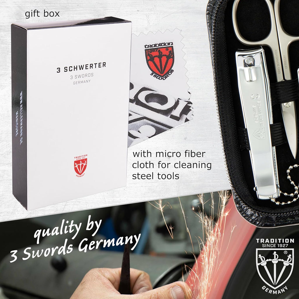 3 Swords Germany – brand quality 8 piece manicure pedicure grooming kit set for professional nail care with synthetic leather case black - Made in Germany