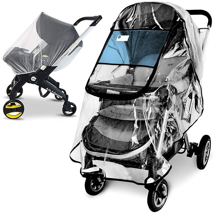 Stroller Rain Cover and Baby Stroller Mosquito Net(2-Piece Set),Universal Stroller Accessory,Waterproof, Windproof Protection,Protect from Dust Snow,Baby Travel Weather Shield-BubblyBeeBaby
