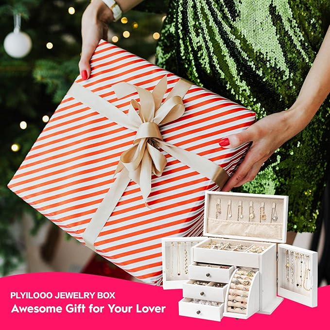 Jewelry Box Organizer, Solid Wood Jewelry Boxes for Women for Storage & Display Necklace Ring Earring Bracelet, Rustic Style Jewelry Organizer Box for Women Gifts (Weathered White)-BubblyBeeBaby