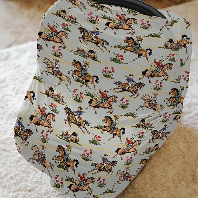 Vintage Cowboy Floral Car Seat Cover for Baby Western Cowboy Horse Stretchy 5-in-1 Covers Adjustable Car Canopy Cover Wild West Desert Breathable Nursing Cover-Up-BubblyBeeBaby