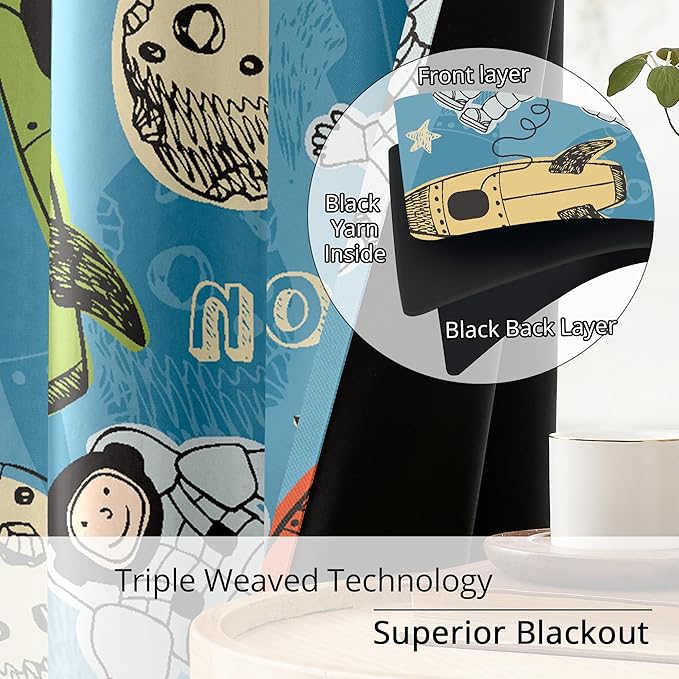 Kids Astronaut and Rocket Blackout Curtains - 100% Blackout, Thermal Insulated, Noise Reducing, Bring The Cosmos Closer to Your Kid’s Room, 2 Panels (Moonbound Adventure, W52×L84)-BubblyBeeBaby