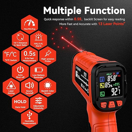 Infrared Thermometer Temperature Gun -58°F to 1796°, 16:1 Non Contact Laser Thermometer Gun with Thermocouple Probe for Humidity, Pizza Oven, Griddle, Ir Temp Gun for Home and Industry Repair-BubblyBeeBaby
