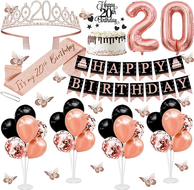 20th Birthday Decorations for Girls Women - 56pcs Rose Gold Happy 20th Banner, 20th Birthday Crown Sash, Cake Topper, Number 20 balloons, 3D Butterflies, 4 Balloon Stands kits-BubblyBeeBaby