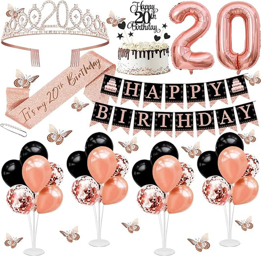 20th Birthday Decorations for Girls Women - 56pcs Rose Gold Happy 20th Banner, 20th Birthday Crown Sash, Cake Topper, Number 20 balloons, 3D Butterflies, 4 Balloon Stands kits-BubblyBeeBaby