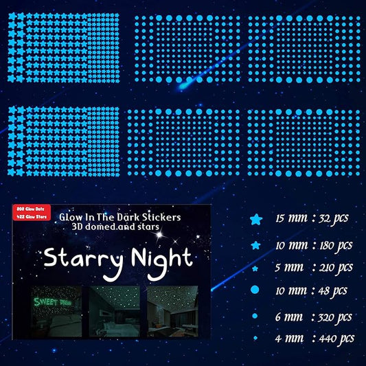 1230 PCS Glow in The Dark Stars Wall Stickers, 3D Adhesive Dots Decor Starry Sky Decor for Kids Bedroom, Beautiful Wall Decals (Blue)-BubblyBeeBaby