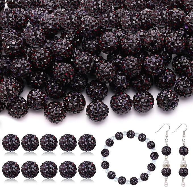 105pcs 10mm Rhinestone Beads for Jewelry Making, Dark Purple Shiny Round Disco Ball Beads Bulk, Sparkle Crystal Clay Christmas for Bracelet Baseball Necklace Earring Crafting and DIY-BubblyBeeBaby