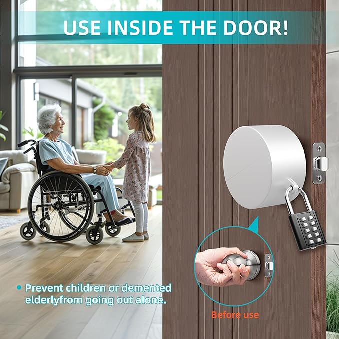 2 Pack Door Knob Lockout Device, Door Knob Cover Lock, Child Proof Door Knob Covers with Combination Padlock, Door Handle Lock for Dementia Elderly Safety, Temporary Door Lock -White-BubblyBeeBaby