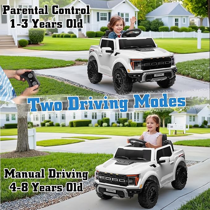 12V Ride on Car Licensed Ford F-150 Raptor, Kids Electric Car with Remote Control, LED Light/Music/MP3, Truck Bed Storage, 3-Point Seat Belt (12V, White)-BubblyBeeBaby