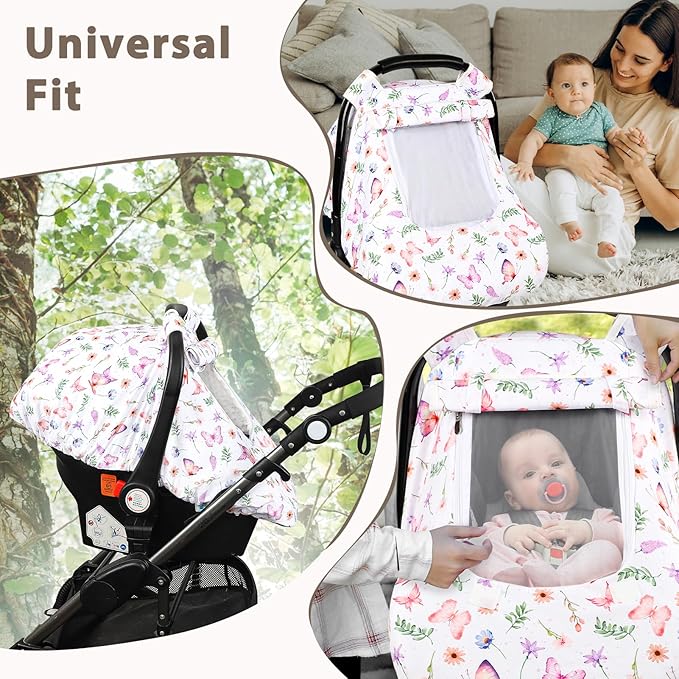 Pea Pod Car Seat Cover Baby, Infant Car Seat Canopy Covers with 2 Layers Windows of Breathable Mesh Fabric, Lightweight Polyester, Soft Minky Dot Backing (Butterfly Pattern)-BubblyBeeBaby