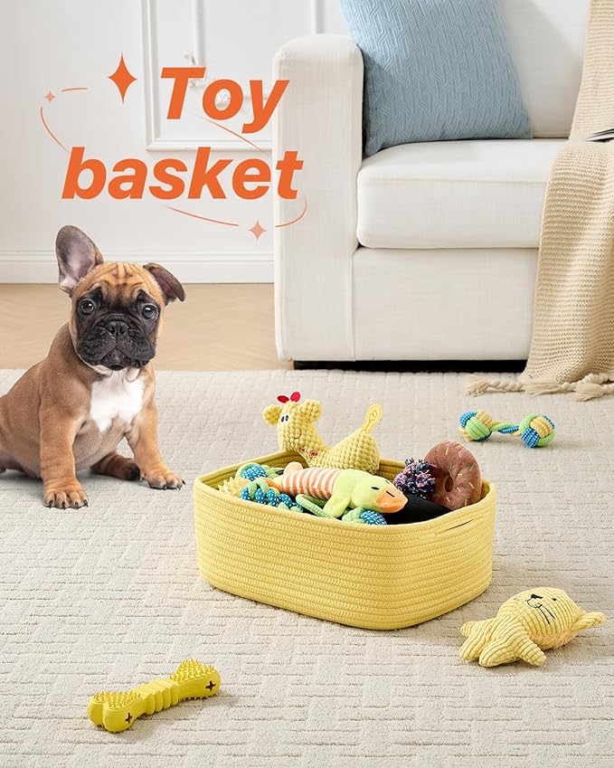 KALLAX Small Woven Basket, 13.5 x 9.5 x 5 Inches, Storage Basket for Organizing, Cute Small Rope Shelf Closet Cube Storage Bins Baskets for Shelves, Dog Toy Gift Baskets Empty, 3 Pack Yellow-BubblyBeeBaby