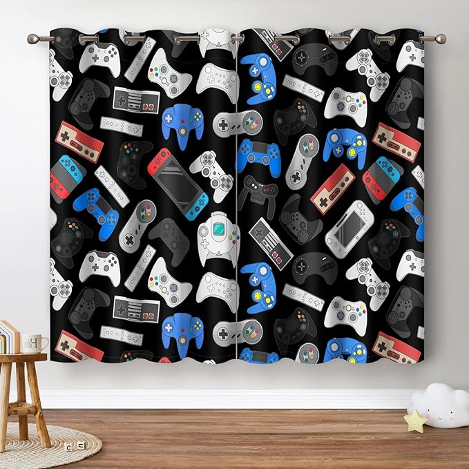 Jekeno Game Controller Blackout Curtains for Kids Boys Teens Bedroom Colorful Video Game Gamer Gaming Gamepad Decor for Home Living Room Grommet Window Drapes 2 Panel Set, 52"x84"-BubblyBeeBaby