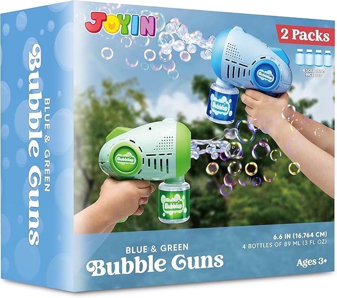JOYIN 2 Kids Bubble Guns with 4 Bottles Solution, Automatic Bubble Machine Gun with 8 Holes for Kids, Adults, Summer Toys, Easter Basket Stuffers, Birthday Gift, Party Favors-BubblyBeeBaby