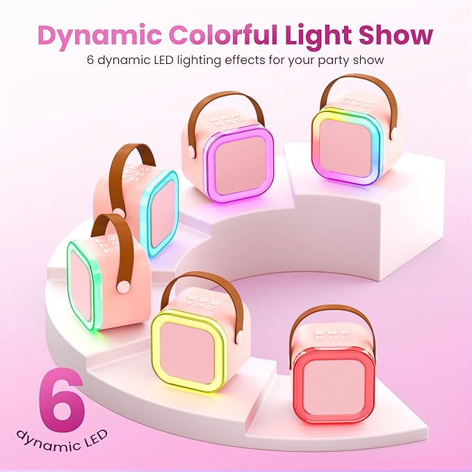 Karaoke Machine for Kids Adults, Portable Bluetooth Mini Karaoke Microphone Singing Speaker with 2 Mic and Light,Toys for All Smartphones,Birthday, Family,Home Party (Pink)-BubblyBeeBaby