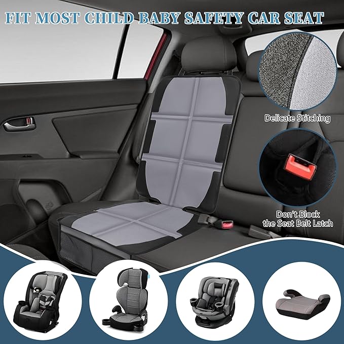 Car Seat Protector, 2 Pack Baby CarSeat Covers with Mesh Pockets & Non-Slip Backing 600D Durable Seat Protectors Under Car Seat for Baby(Gray, Large)-BubblyBeeBaby