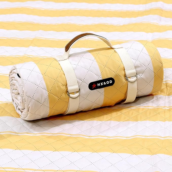 HX&OD Extra Large Picnic Outdoor Blanket, 80”x60” Waterproof Picnic Mat Foldable Camping Blanket Portable with Carry Strap for Beach Mat Outdoor Camping Party(Yellow)-BubblyBeeBaby