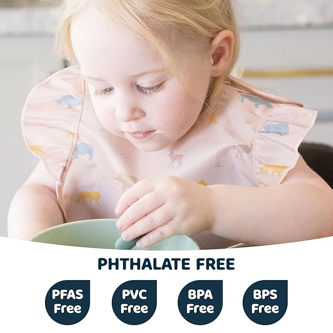 Tiny Twinkle Mess Proof Baby Bibs for Eating - Waterproof, Wipeable Bibs - Toddler Bibs - Travel Friendly - PFAS, PVC, BPA, Phthalate Free - Baby Food Bibs(3 Pack,Petite Safari)-BubblyBeeBaby