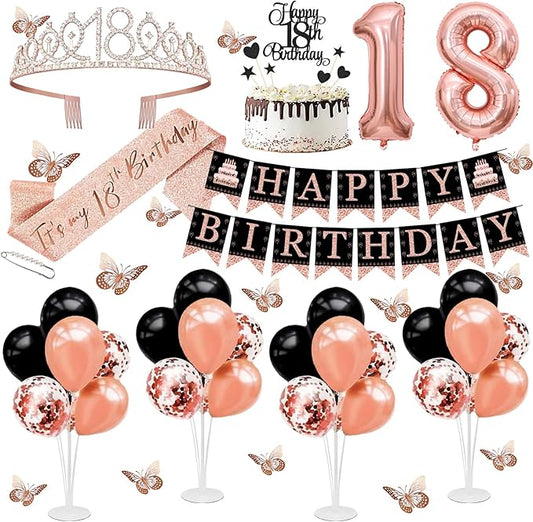 18th Birthday Decorations for Girls Women - 56pcs Rose Gold Happy 18th Banner, 18th Birthday Crown Sash, Cake Topper, Number 40 balloons, 3D Butterflies, 4 Balloon Stands kits-BubblyBeeBaby