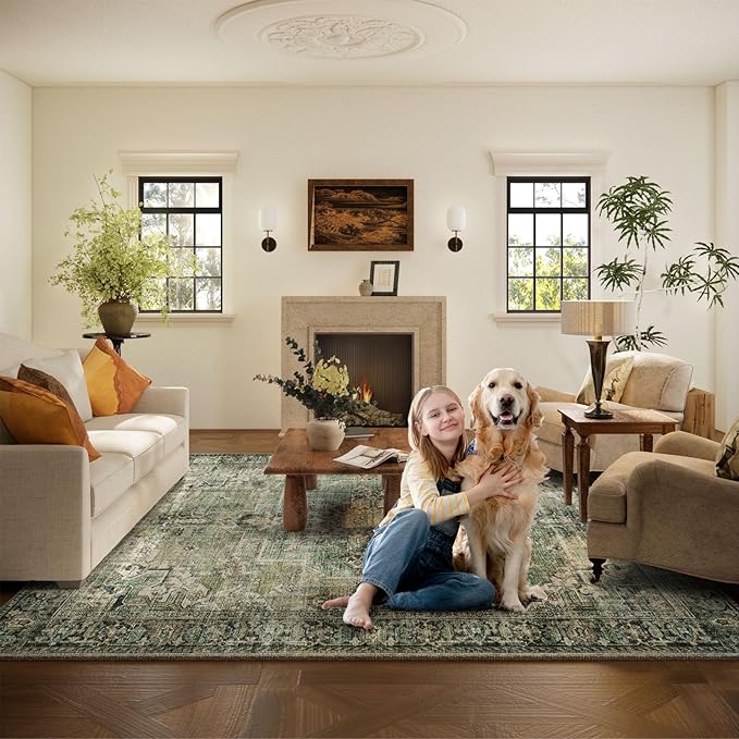 10x14 Area Rugs for Living Room: Washable Bedroom Rug Boho Vintage Rugs Stain Resistant Non Slip Low Pile Soft Lightweight Carpet for Kitchen Dining Room Farmhouse Nursery Kids Room-BubblyBeeBaby