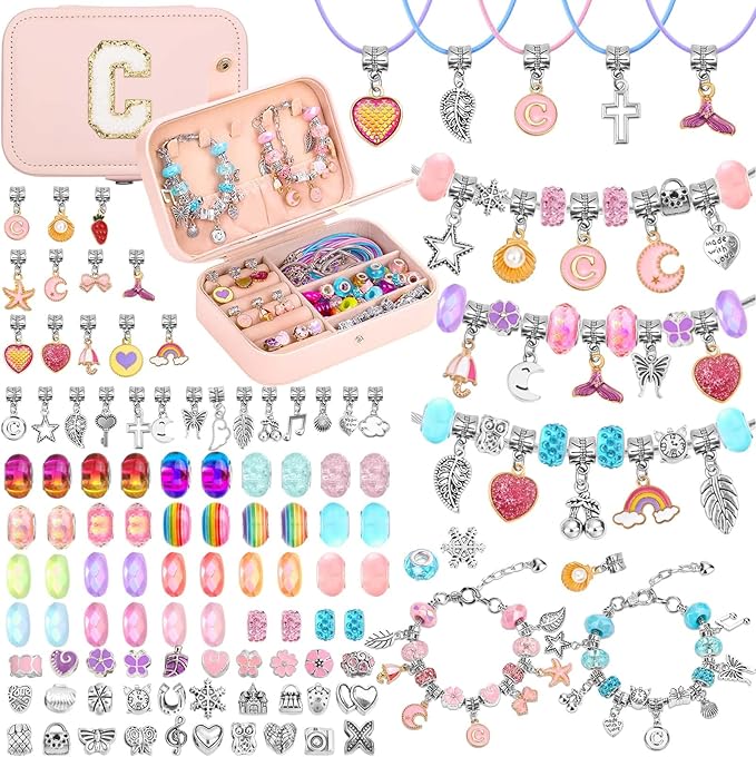 140 PCS Charm Bracelet Making Kit for Girls Age 8-12 Charm Beads for Kids Jewelry Making DIY Bracelet Craft Kit for Girls Valentine Christmas Birthday Gifts with Portable Bracelet Box-BubblyBeeBaby