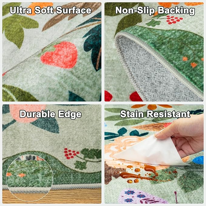 10x14 Area Rugs for Living Room: Floral Washable Rug Vintage Large Soft Boho Non-Slip Carpet Indoor Stain Resistant Low Pile Carpets for Bedroom Dining Room Farmhouse Nursery Hallway Home Office Green-BubblyBeeBaby