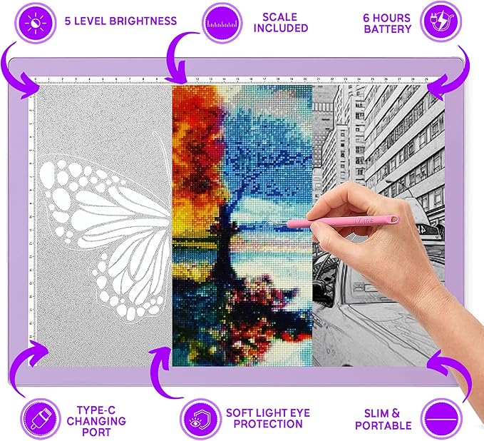 iVyne Rechargeable A4 Light Pad for Tracing & Weeding - LED Light Board for Weeding Vinyl - for Cricut Vinyl Weeding Tools - Ultra-Thin & Portable - Perfect for Artists & Crafters - Purple-BubblyBeeBaby