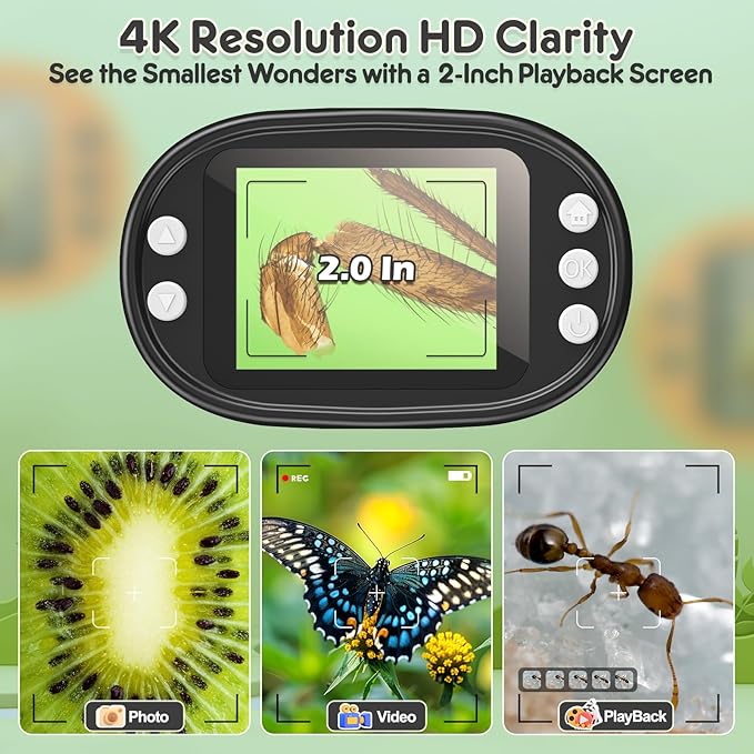 1000X Handheld Microscope for Kids 4K 2.0" Screen Rechargeable Mini Pocket Digital Microscopes w/Slides Kit Portable Edu Gift Age 4-6 8-12 Children Students (White)-BubblyBeeBaby