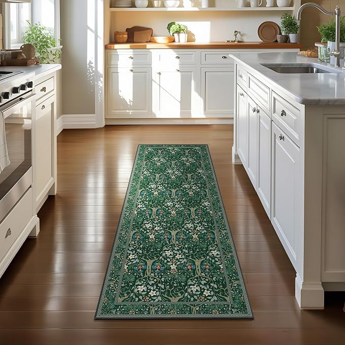 Joydeco Washable Runner Rug Non Slip, Floral Kitchen Carpet Runner 2x6, Soft Low-Pile Botanical Forest Indoor Floor Door Mat for Hallway Bathroom Entryway Laundry Room, Dark Green-BubblyBeeBaby