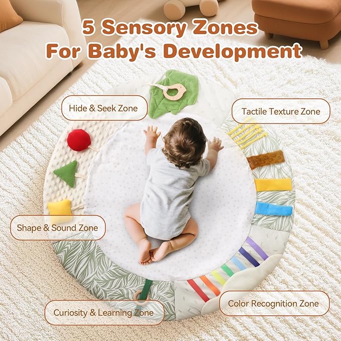 Montessori Baby Play Mat for Early Learning, Tummy Time Playmat, Activity Mat with 5 Development Zones, for Motor Skills & Sensory Development, Baby Essentials Gift-BubblyBeeBaby