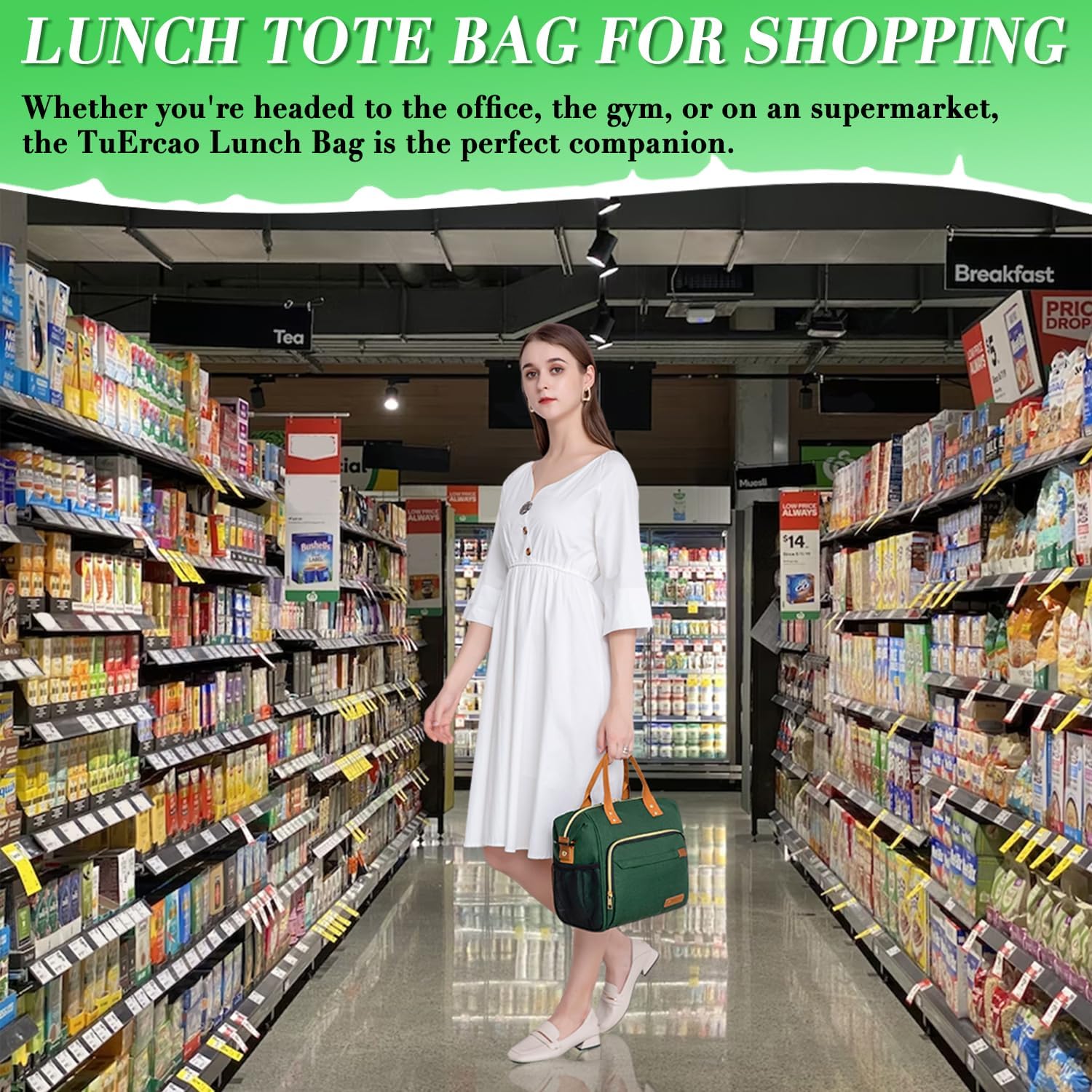 TuErCao Insulated Lunch Bag Adult Lunch Box for Women for Work Leakproof Soft Cooler for Beach Travel Picnic, Dark Green