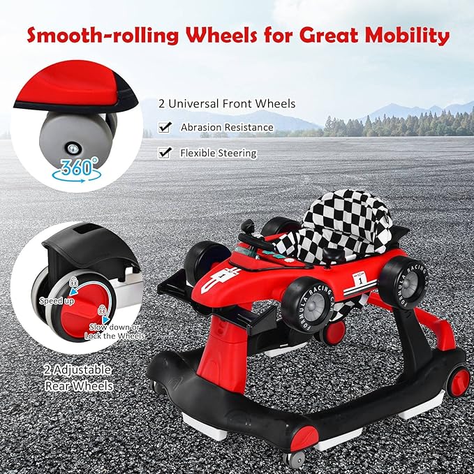 HONEY JOY 4-in-1 Baby Walker, Activity Push Walker w/3 Adjustable Heights, Smooth Wheels w/Adjustable Speed, Padded Seat, Music & Light, Foldable Car Walker for Baby Boys Girls Age 6 Months+ (Red)-BubblyBeeBaby