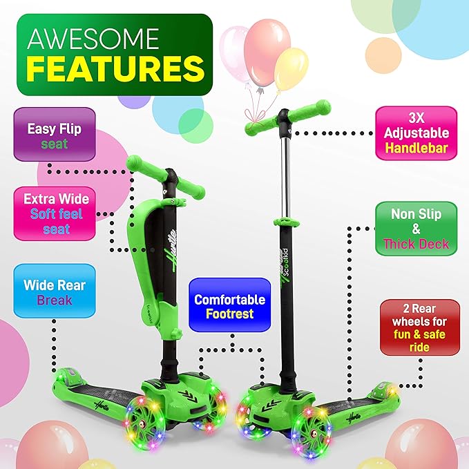 Hurtle 3-Wheeled Scooter for Kids - Wheel LED Lights, Adjustable Lean-to-Steer Handlebar, and Foldable Seat - Sit or Stand Ride with Brake for Boys and Girls Ages 1-14 Years Old-BubblyBeeBaby