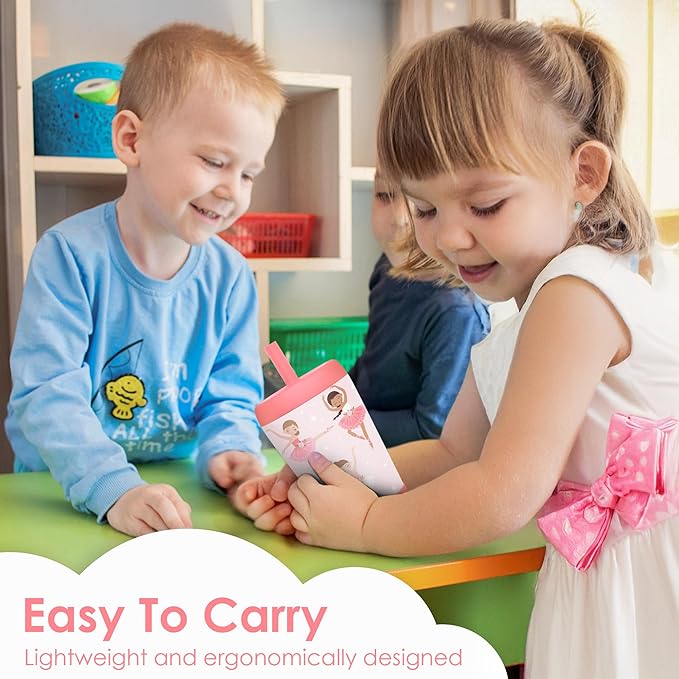 Kid Insulated Stainless Steel Tumbler with Silicone Straw, 12oz Sippy Cup for Kids (Pink Ballerina)-BubblyBeeBaby